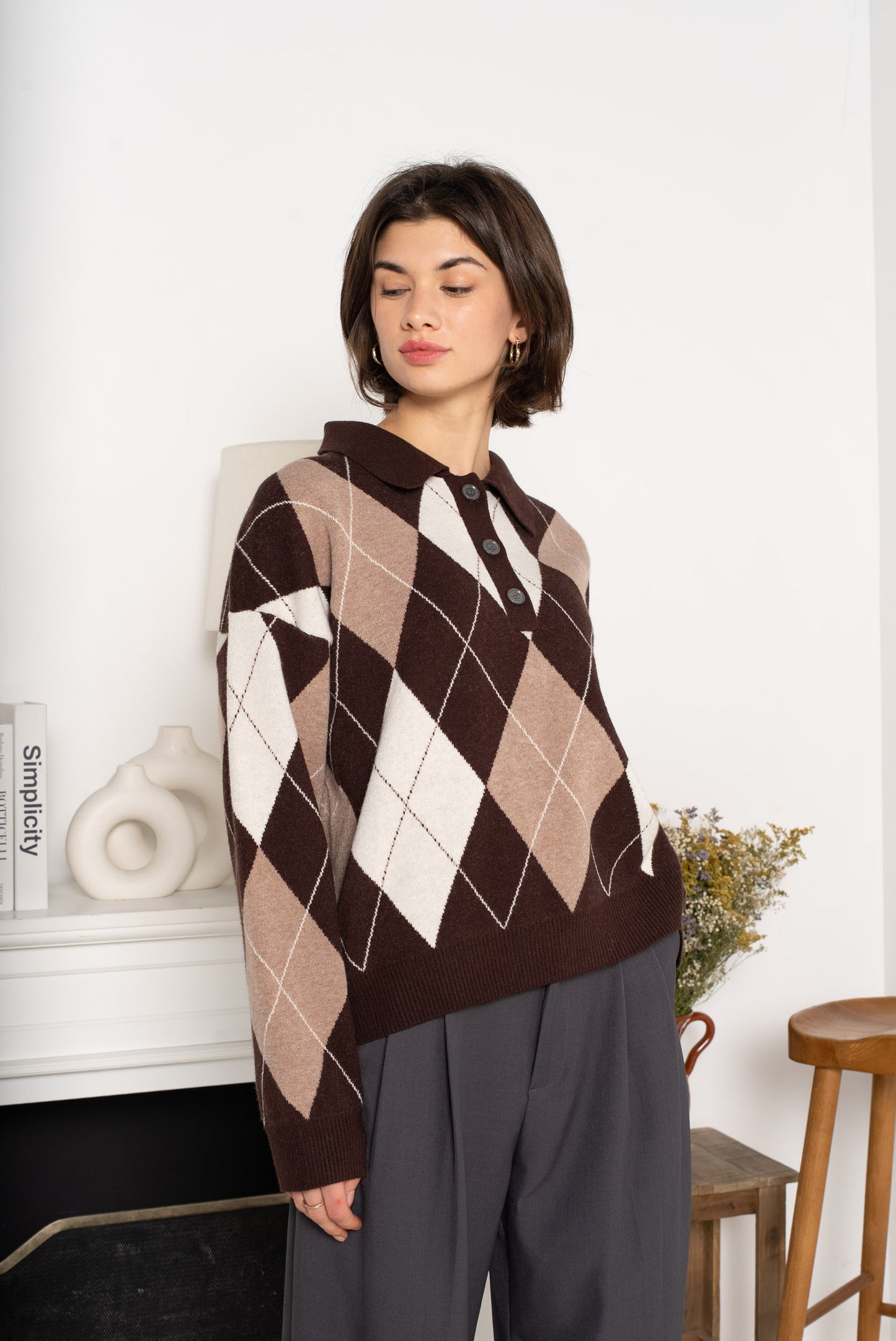 Malha losangos castanho