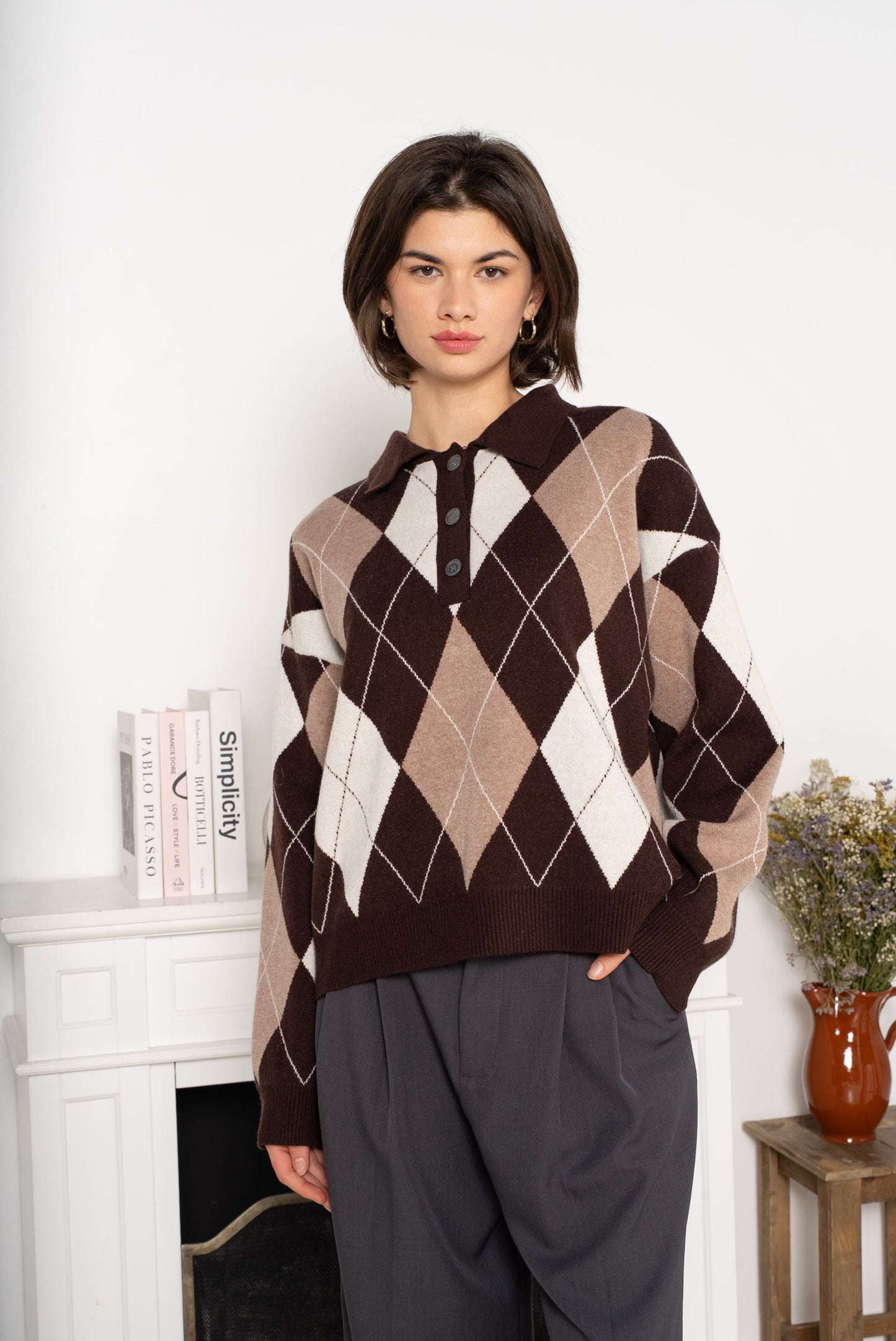 Malha losangos castanho