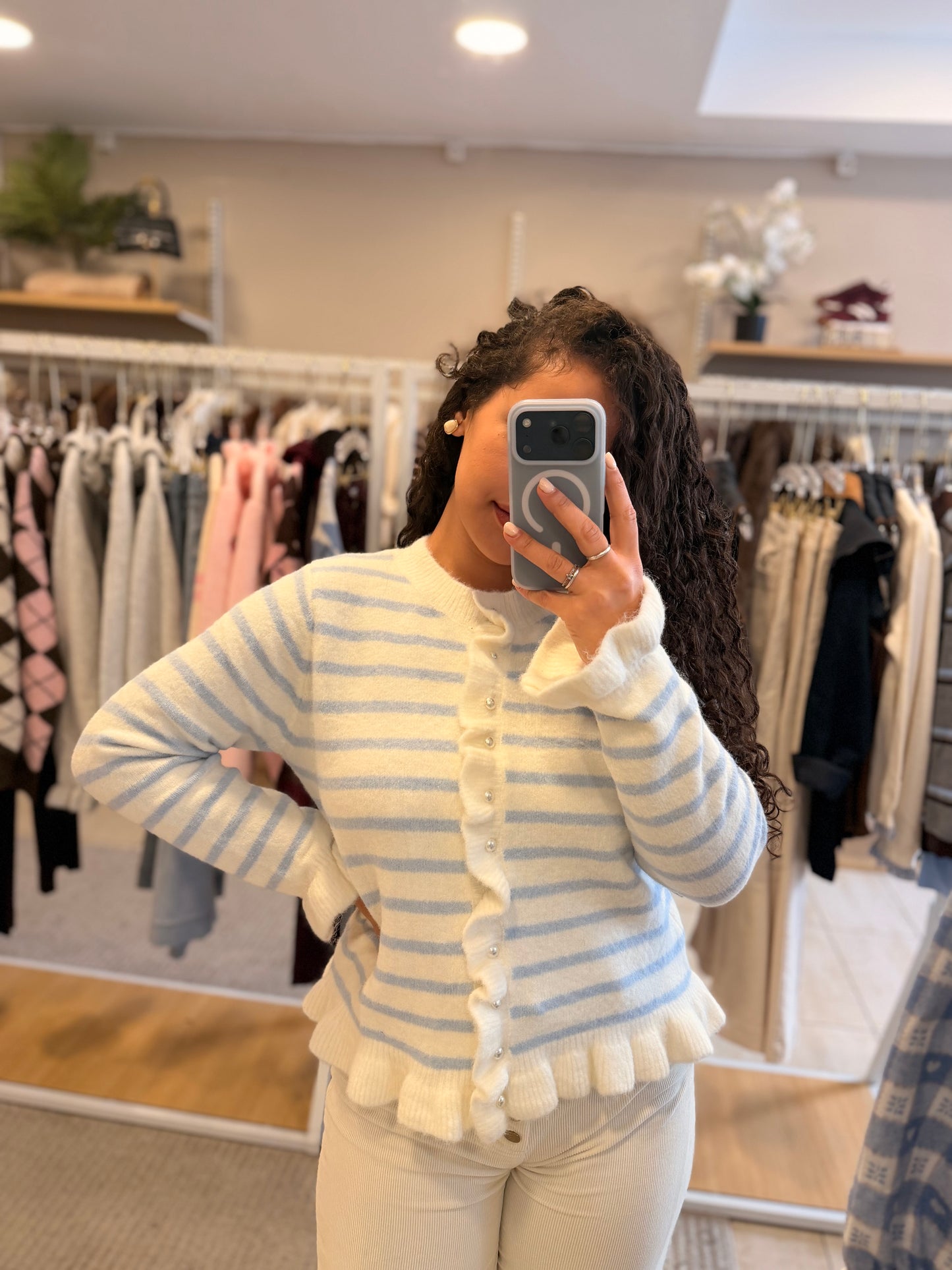 CARDIGÃ DE MALHA RISCAS AZUIS